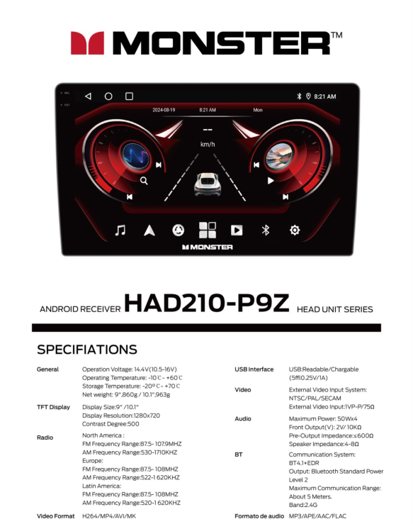 Monster HAD210-P9Z Android Receiver